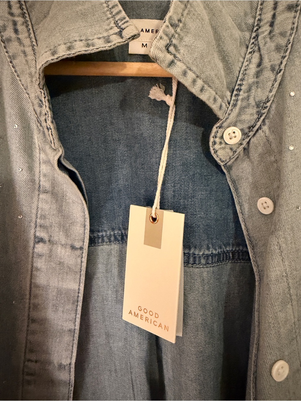 Good American Light Blue Denim Shirt with Subtle Rhinestones - Picture 3 of 4